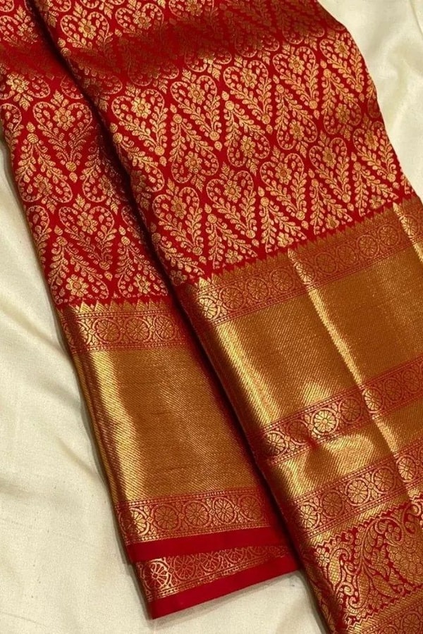 Red Banarasi Soft Silk Saree with Gold Floral Sprig Jaal and Wide Tissue Zari Border  in Surat