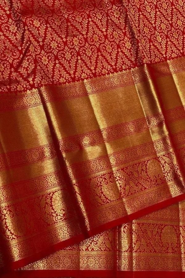 Red Banarasi Soft Silk Saree with Gold Floral Sprig Jaal and Wide Tissue Zari Border  in Surat