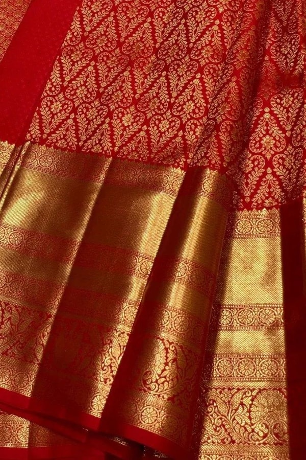 Red Banarasi Soft Silk Saree with Gold Floral Sprig Jaal and Wide Tissue Zari Border  in Surat