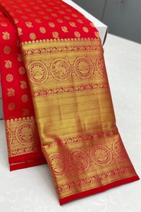 Red Banarasi Soft Silk Saree with Gold Zari Butis and Rich Brocade Pallu  in Surat