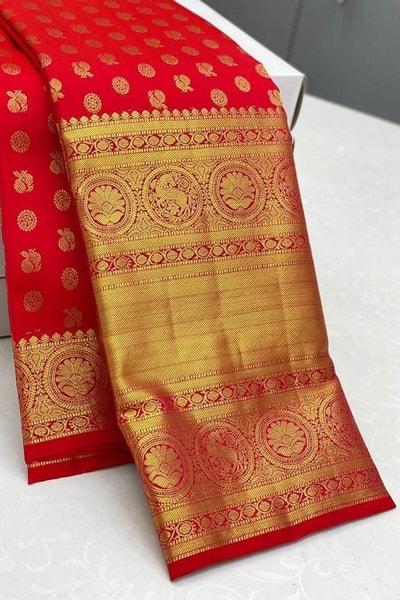 Red Banarasi Soft Silk Saree with Gold Zari Butis and Rich Brocade Pallu in Surat