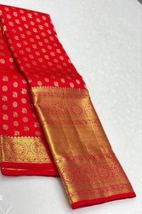 Red Banarasi Soft Silk Saree with Gold Zari Butis and Rich Brocade Pallu  in Surat