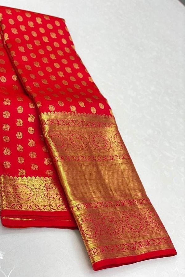 Red Banarasi Soft Silk Saree with Gold Zari Butis and Rich Brocade Pallu  in Surat