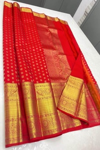 Red Banarasi Soft Silk Saree with Gold Zari Butis and Rich Brocade Pallu  in Surat