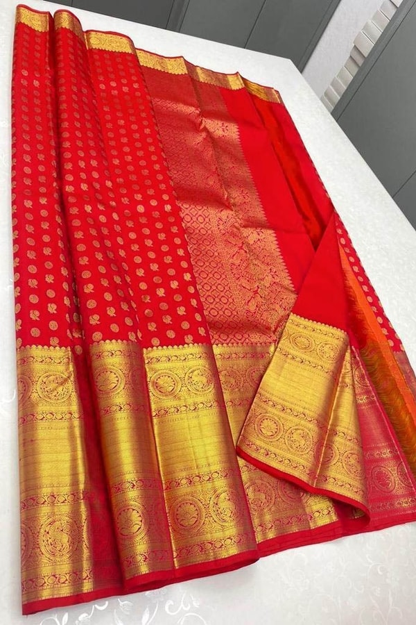 Red Banarasi Soft Silk Saree with Gold Zari Butis and Rich Brocade Pallu  in Surat