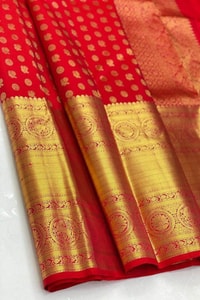 Red Banarasi Soft Silk Saree with Gold Zari Butis and Rich Brocade Pallu  in Surat
