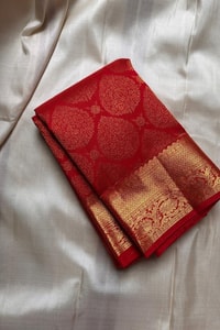 Red Banarasi Soft Silk Saree with Gold Zari Paisley Brocade and Temple Border Pallu  in Surat