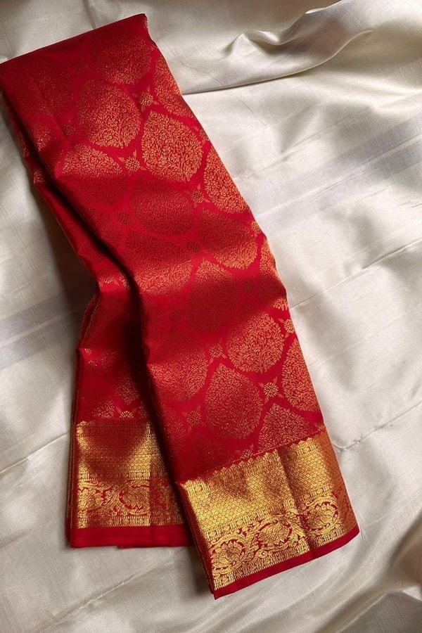 Red Banarasi Soft Silk Saree with Gold Zari Paisley Brocade and Temple Border Pallu  in Surat