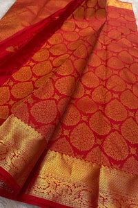 Red Banarasi Soft Silk Saree with Gold Zari Paisley Brocade and Temple Border Pallu  in Surat