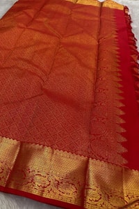 Red Banarasi Soft Silk Saree with Gold Zari Paisley Brocade and Temple Border Pallu  in Surat