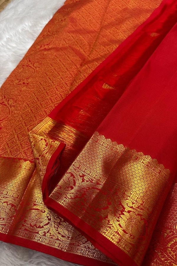 Red Banarasi Soft Silk Saree with Gold Zari Paisley Brocade and Temple Border Pallu  in Surat