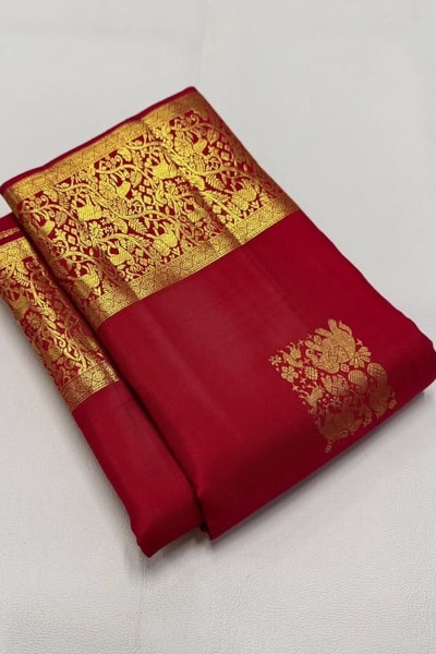 Red Banarasi Soft Silk Saree with Gold Zari Square Buttas and Grand Brocade Border in Surat