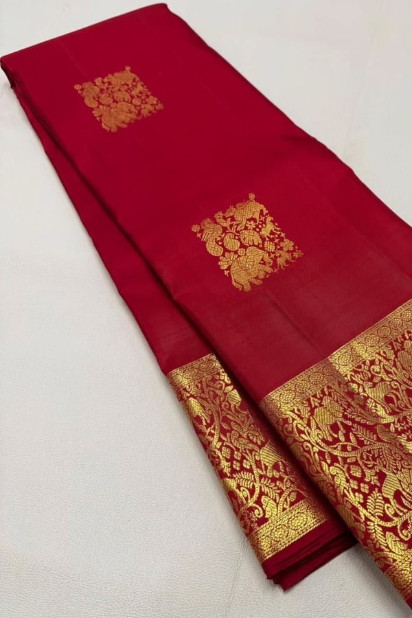 Red Banarasi Soft Silk Saree with Gold Zari Square Buttas and Grand Brocade Border  in Surat