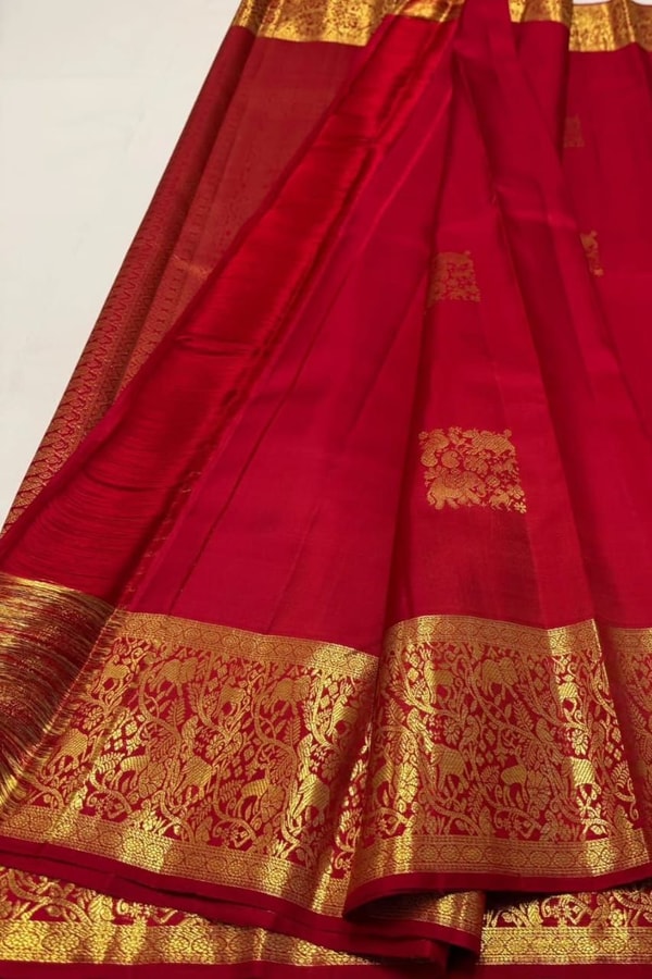 Red Banarasi Soft Silk Saree with Gold Zari Square Buttas and Grand Brocade Border  in Surat
