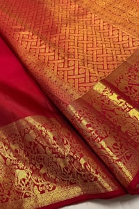 Red Banarasi Soft Silk Saree with Gold Zari Square Buttas and Grand Brocade Border  in Surat