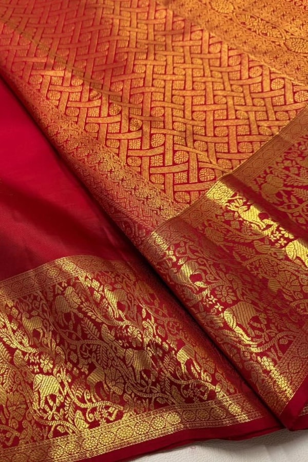 Red Banarasi Soft Silk Saree with Gold Zari Square Buttas and Grand Brocade Border  in Surat