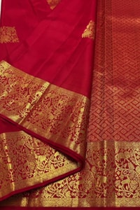 Red Banarasi Soft Silk Saree with Gold Zari Square Buttas and Grand Brocade Border  in Surat