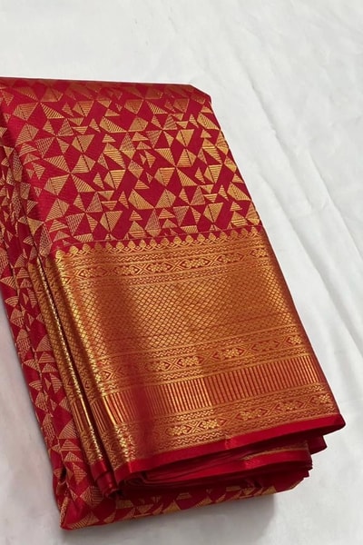 Red Banarasi Soft Silk Saree with Gold Zari Triangle Pinwheel Pattern and Broad Border in Surat