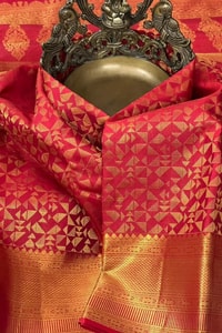 Red Banarasi Soft Silk Saree with Gold Zari Triangle Pinwheel Pattern and Broad Border  in Surat
