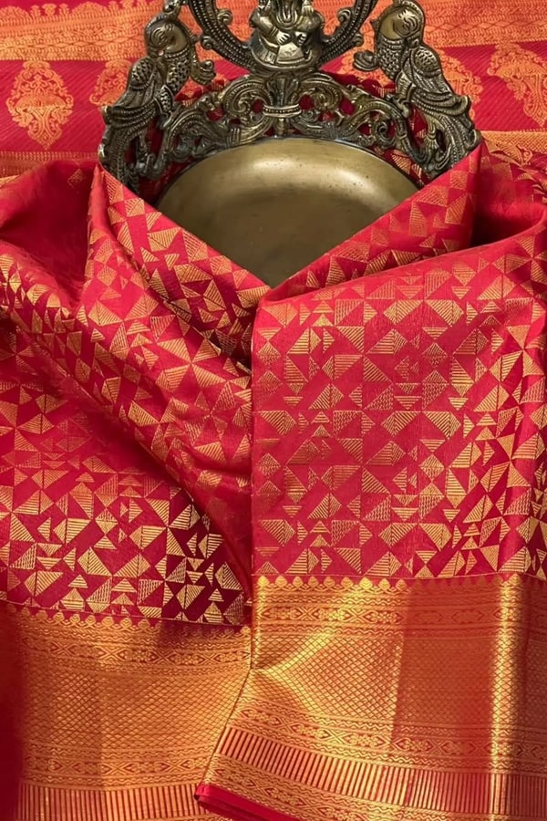 Red Banarasi Soft Silk Saree with Gold Zari Triangle Pinwheel Pattern and Broad Border  in Surat