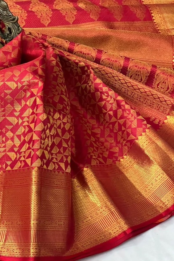 Red Banarasi Soft Silk Saree with Gold Zari Triangle Pinwheel Pattern and Broad Border  in Surat