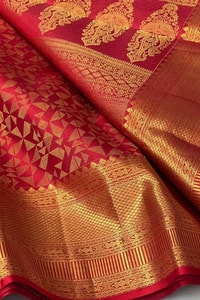 Red Banarasi Soft Silk Saree with Gold Zari Triangle Pinwheel Pattern and Broad Border  in Surat