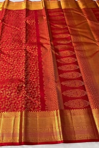 Red Banarasi Soft Silk Saree with Gold Zari Triangle Pinwheel Pattern and Broad Border  in Surat
