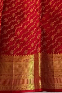 Red Banarasi Soft Silk Saree with Gold Zari Triangle Pinwheel Pattern and Broad Border  in Surat