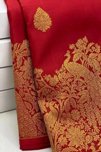 Red Banarasi Soft Silk Saree with Grand Zari Paisley Pallu and Scattered Floral Buttas  in Surat