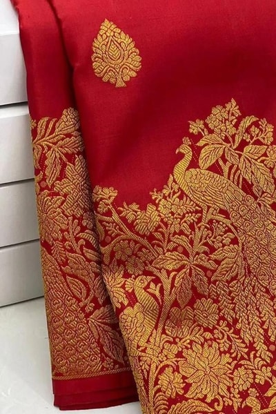 Red Banarasi Soft Silk Saree with Grand Zari Paisley Pallu and Scattered Floral Buttas in Surat