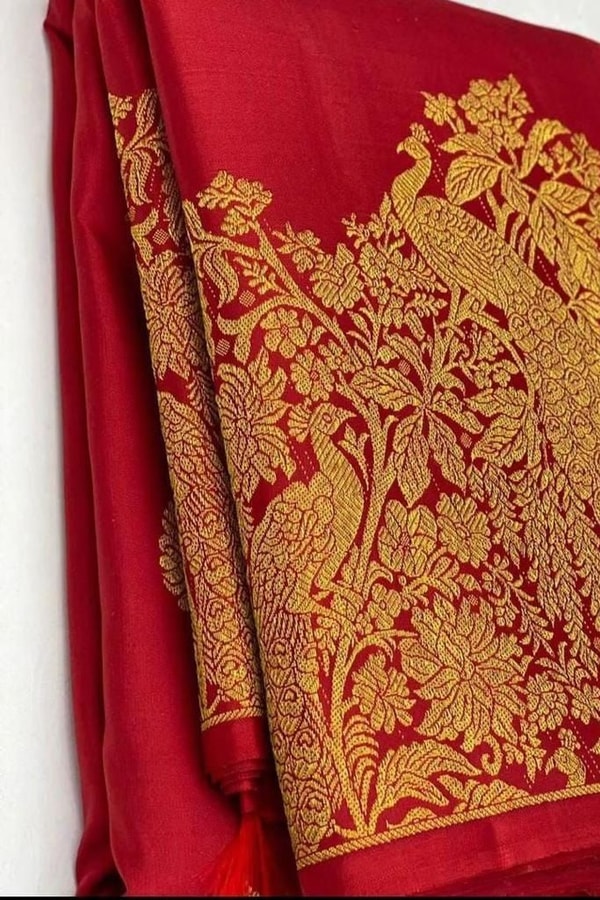 Red Banarasi Soft Silk Saree with Grand Zari Paisley Pallu and Scattered Floral Buttas  in Surat