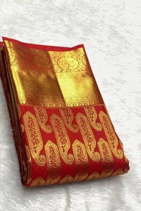 Red Banarasi Soft Silk Saree with Large Gold Zari Paisleys and Shimmering Tissue Pallu  in Surat