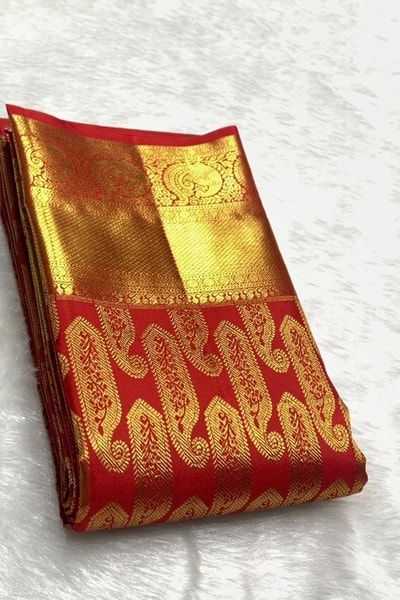 Red Banarasi Soft Silk Saree with Large Gold Zari Paisleys and Shimmering Tissue Pallu in Surat