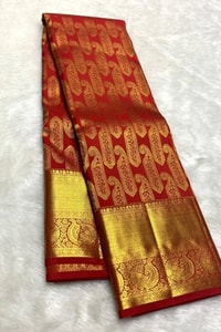 Red Banarasi Soft Silk Saree with Large Gold Zari Paisleys and Shimmering Tissue Pallu  in Surat
