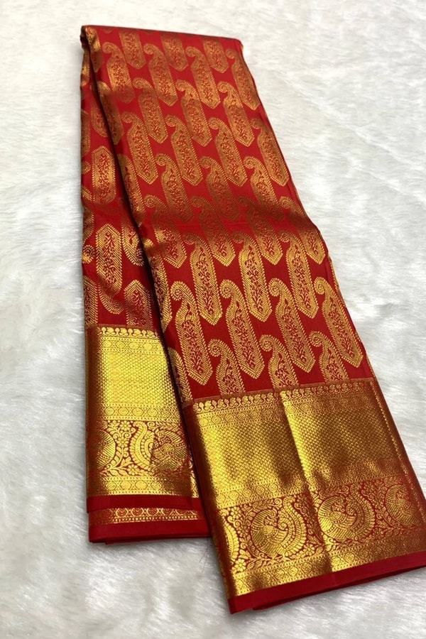 Red Banarasi Soft Silk Saree with Large Gold Zari Paisleys and Shimmering Tissue Pallu  in Surat