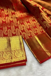 Red Banarasi Soft Silk Saree with Large Gold Zari Paisleys and Shimmering Tissue Pallu  in Surat