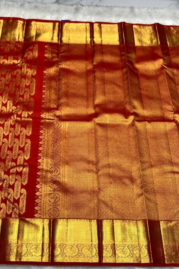 Red Banarasi Soft Silk Saree with Large Gold Zari Paisleys and Shimmering Tissue Pallu  in Surat