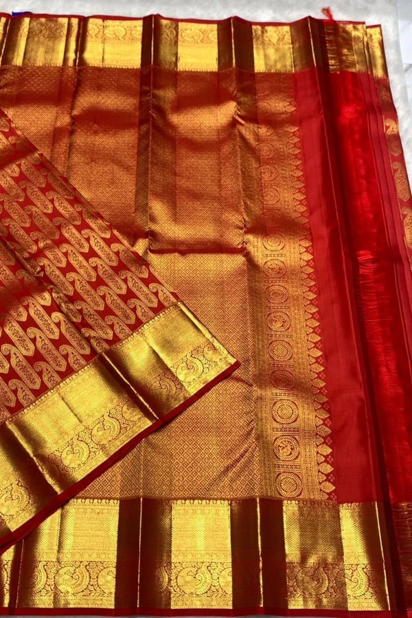 Red Banarasi Soft Silk Saree with Large Gold Zari Paisleys and Shimmering Tissue Pallu  in Surat