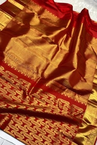 Red Banarasi Soft Silk Saree with Large Gold Zari Paisleys and Shimmering Tissue Pallu  in Surat