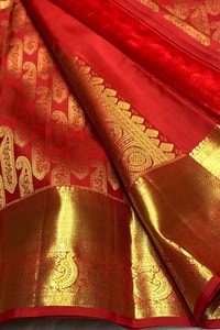 Red Banarasi Soft Silk Saree with Large Gold Zari Paisleys and Shimmering Tissue Pallu  in Surat