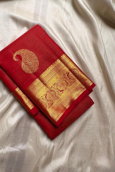 Red Big Mango Butta Banarasi Soft Silk Saree with Gold Medallion Border and Brocade Pallu in Surat