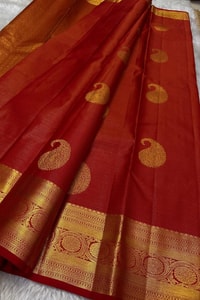 Red Big Mango Butta Banarasi Soft Silk Saree with Gold Medallion Border and Brocade Pallu  in Surat
