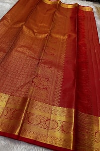 Red Big Mango Butta Banarasi Soft Silk Saree with Gold Medallion Border and Brocade Pallu  in Surat