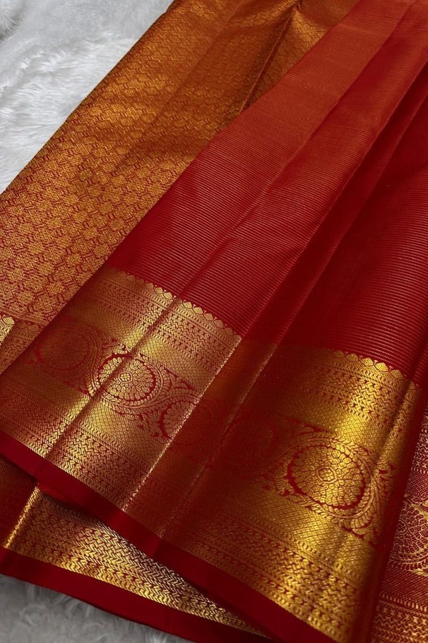 Red Big Mango Butta Banarasi Soft Silk Saree with Gold Medallion Border and Brocade Pallu  in Surat