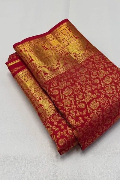 Red Bridal Banarasi Soft Silk Saree with All-Over Gold Floral Brocade and Elephant Zari Border in Surat
