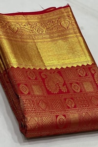 Red Bridal Banarasi Soft Silk Saree with All-Over Gold Zari Brocade and Heavy Pallu  in Surat
