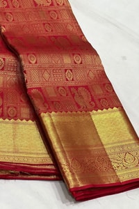 Red Bridal Banarasi Soft Silk Saree with All-Over Gold Zari Brocade and Heavy Pallu  in Surat