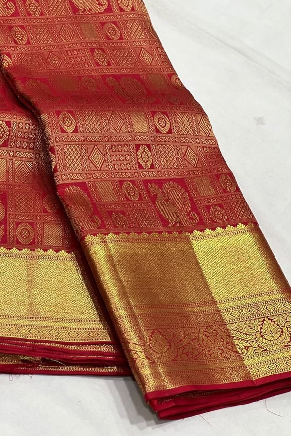 Red Bridal Banarasi Soft Silk Saree with All-Over Gold Zari Brocade and Heavy Pallu  in Surat