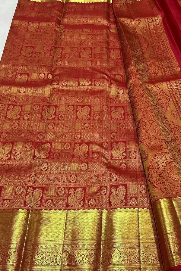 Red Bridal Banarasi Soft Silk Saree with All-Over Gold Zari Brocade and Heavy Pallu  in Surat