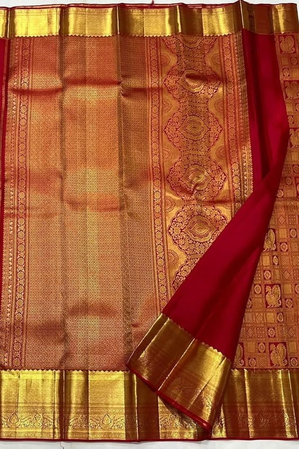 Red Bridal Banarasi Soft Silk Saree with All-Over Gold Zari Brocade and Heavy Pallu  in Surat